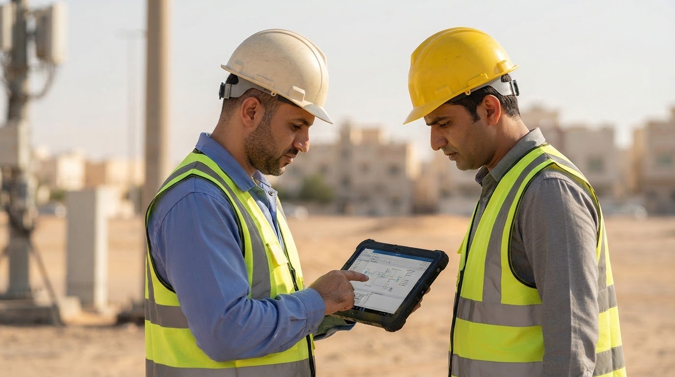 Field engineers reviewing a site survey
